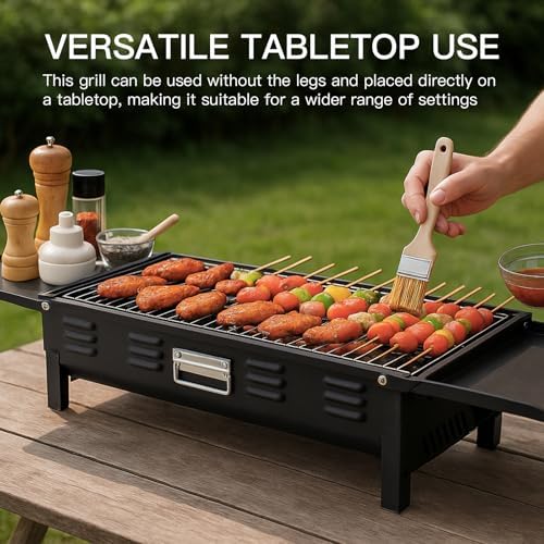 comzenz 35’’ Portable Charcoal Grill Folding BBQ Grill for Outdoor Grilling Cooking Camping Hiking Picnics Tailgating Backpacking Party, With Storage Bag & Non-Stick Frying Pan, Matte Black