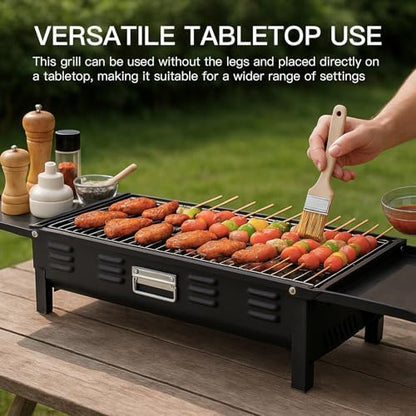comzenz 35’’ Portable Charcoal Grill Folding BBQ Grill for Outdoor Grilling Cooking Camping Hiking Picnics Tailgating Backpacking Party, With Storage Bag & Non-Stick Frying Pan, Matte Black