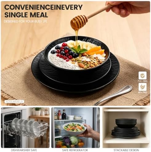 Unbreakable Melamine Dinnerware Sets 12 Pcs, Plates and Bowls Set for 4 with Hammered Textured Matte Finish, for Everyday Use Outdoor Camping RV Farmhouse, Dishwasher Safe BPA Free, Black