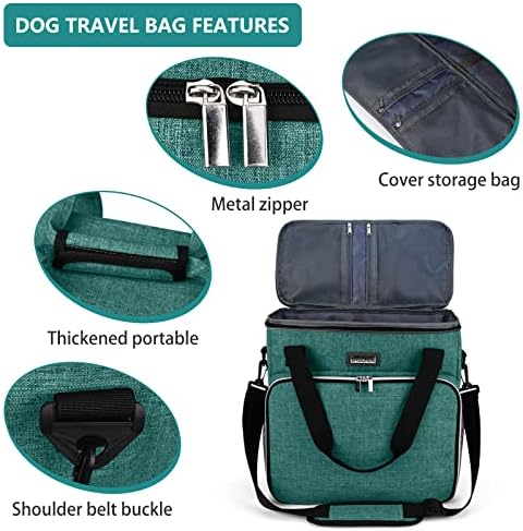 BAGLHER Pet Travel Set Airline-Approved Carrier for Small/Medium Cats & Dogs + Travel Bag with Food Containers & Silicone Bowls, Grey & Green