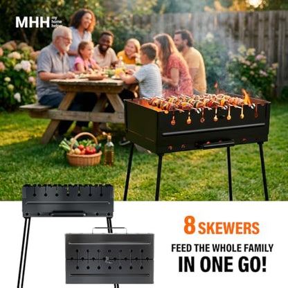 Charcoal Grill for 8 Skewers - Portable Barbecue 16.9"×11.8"×23.6" Kabob Camp Grills - Foldable Metal Mangal - Kebab Shish - BBQ for EDC Picnic Outdoor Cooking Camping Hiking (Skewers Not Included)