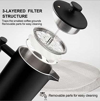 Secura French Press Coffee Maker, 304 Grade Stainless Steel Insulated Coffee Press with 2 Extra Screens, 34oz (1 Litre), Black