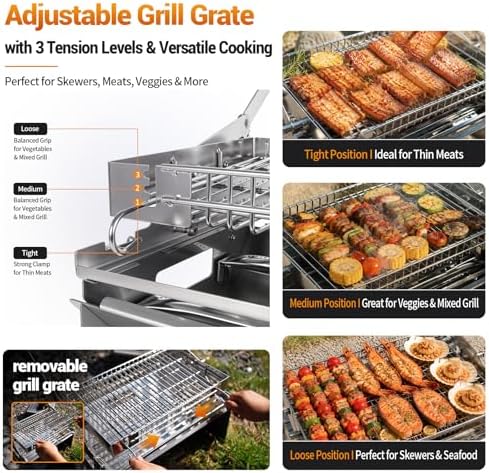 Portable Gas Grill,360° Rotating Charcoal Grill,Stainless Steel Flipping Camping Barbecue Grill with Carry Bag,Detachable BBQ Grill & Fire Pit for Outdoor Cooking,Camping,Tailgating, Patio & Backyard