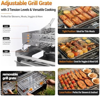 Portable Gas Grill,360° Rotating Charcoal Grill,Stainless Steel Flipping Camping Barbecue Grill with Carry Bag,Detachable BBQ Grill & Fire Pit for Outdoor Cooking,Camping,Tailgating, Patio & Backyard