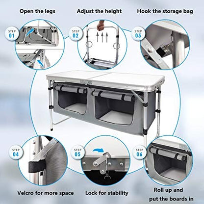 CampLand Outdoor Folding Table Aluminum Lightweight Height Adjustable with Storage Organizer for BBQ, Party, Camping