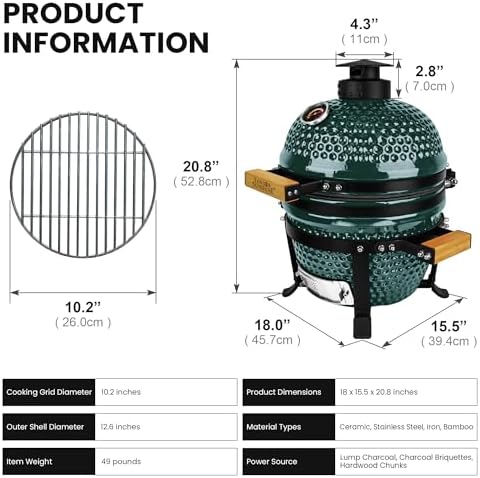 London Sunshine 13-Inch Ceramic Kamado Grill, Waterproof Vent Cap, Green