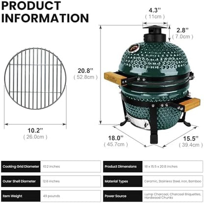 London Sunshine 13-Inch Ceramic Kamado Grill, Waterproof Vent Cap, Green