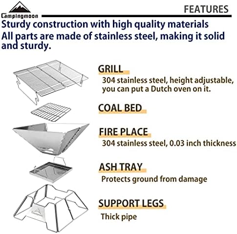 CAMPINGMOON Portable Fire Pit Grill 14 Inch Stainless Steel MT-2