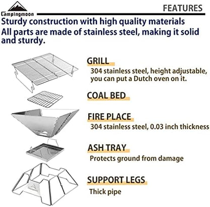 CAMPINGMOON Portable Fire Pit Grill 14 Inch Stainless Steel MT-2