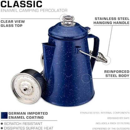 COLETTI Classic Percolator Coffee Pot — The Most Nostalgic Camping Coffee Pot, Now Modernized [Blue Enamel, 12 Cup]