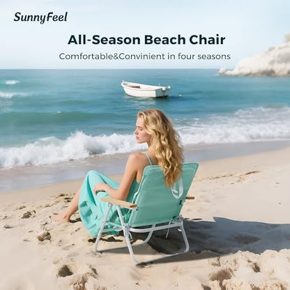 SUNNYFEEL Foldable Beach Chair, Beach Chair Backup with Wood Armrest & Cushion, Lightweight Camping Chair Heavy Duty for Beach, Camping, Lawn, Outdoor, Mint Green, 2 p