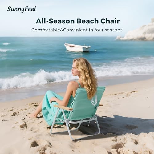 SUNNYFEEL Foldable Beach Chair, Beach Chair Backup with Wood Armrest & Cushion, Lightweight Camping Chair Heavy Duty for Beach, Camping, Lawn, Outdoor, Mint Green