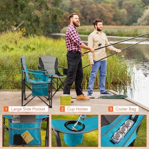 Oversized Padded Camping Chairs for Adults,Heavy Duty Support 400 Lbs,Folding Portable Lawn Chair w/Cup Holder,Cooler Bag,Side Pocket,Perfect for Outdoor Picnic,Hiking(Blue)