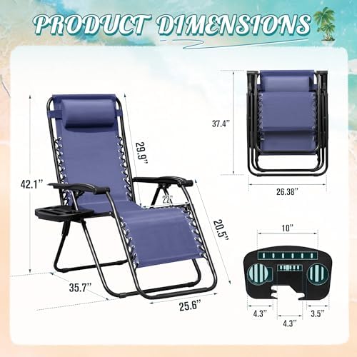 Homall Zero Gravity Chair Patio Folding Lawn Outdoor Lounge Gravity Camp Reclining Lounge Chair with Cup Holder Pillows for Poolside Backyard and Beach Set of 2 (Blue)