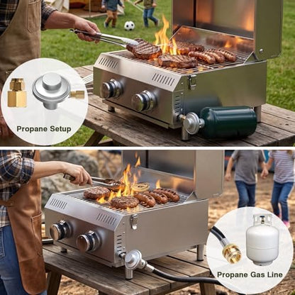 Bestfire 2-Burner Tabletop Propane Gas Grill, Dual Connections, 20,000 BTU Stainless Steel Portable Grill, Fits Large Gas Cylinders/Small Canisters, for Camping, RV, Outdoor BBQ