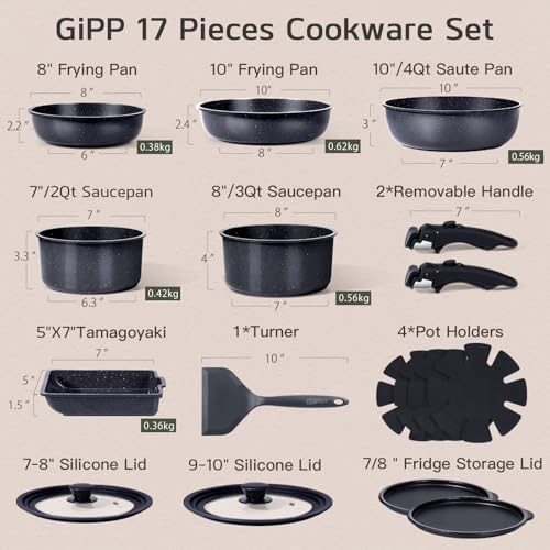 GIPP Pots and Pans Set Non Stick,Kitchen Cookware Set Detachable Handle, Non Toxic Cooking Pan Set with Frying Pans Set,RV Cookware Sets for All Stoves, Dark Grey, 17PCS