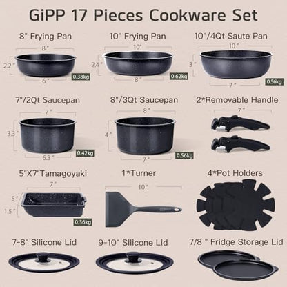 GIPP Pots and Pans Set Non Stick,Kitchen Cookware Set Detachable Handle, Non Toxic Cooking Pan Set with Frying Pans Set,RV Cookware Sets for All Stoves, Dark Grey, 17PCS