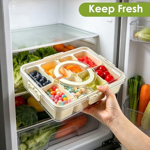 HRXFOZ Divided Serving Tray with Lid and Handle,8 Compartments Snacks Box,Snack Fruit and Veggie Tray,Portable Platter for Candy Fruits Nuts Snack Party Entertaining Picnic (1 PCS)