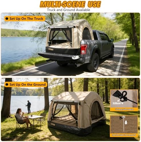 All-in-One Inflatable Truck Bed Tent with Mattress for 5.5-6.5FT,Built in Wireless Rechargeable Air Pump,3 Mins Fast Setup,Waterproof PU 2000MM Pickup Truck Tent for Camping Road Trip