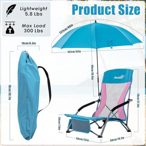 Folding Beach Chair with Umbrella for Adults, 2 Pack Portable Low Beach Chairs with 300lbs Capacity, Lightweight Fodable Camping Chair for Travel, Picnic, Concert & Outdoor Activities, Blue-Pink
