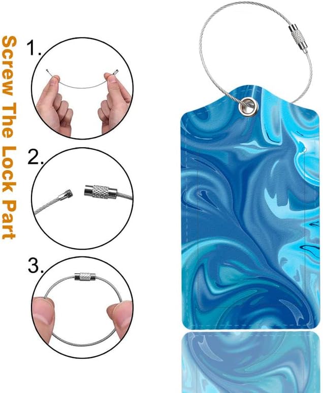 2 Pack Luggage Tag for Suitcase, Cute Unique Leather Bag Tags Identifiers Privacy Cover ID Label with Durable Steel Loop for Women Men Kids Girls Travel，Blue Wave