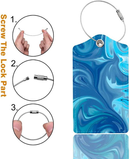 2 Pack Luggage Tag for Suitcase, Cute Unique Leather Bag Tags Identifiers Privacy Cover ID Label with Durable Steel Loop for Women Men Kids Girls Travel，Blue Wave