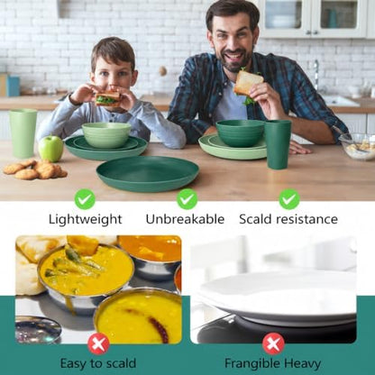 Teivio 32-Piece Kitchen Plastic Wheat Straw Dinnerware Set, Service for 8, Dinner Plates, Dessert Plate, Cereal Bowls, Cups, Unbreakable Colorful Plastic Outdoor Camping Dishes, Green Ombre