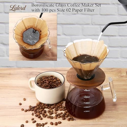 Lalord Pour Over Coffee Maker, 20 oz Borosilicate Glass Set with 100 pcs Paper Filter, Walnut Collar & Glass Lid, Drip Coffee Maker, 1-3 Cups, Clear, 600 ml, Petal Shape