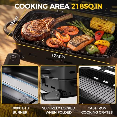 MASTER COOK 10,000 BTU Portable Gas Grill, Tabletop Small Propane Grill with Foldable Legs, Outdoor Compact BBQ for RV, Hiking, Camping, Patio, Tailgate