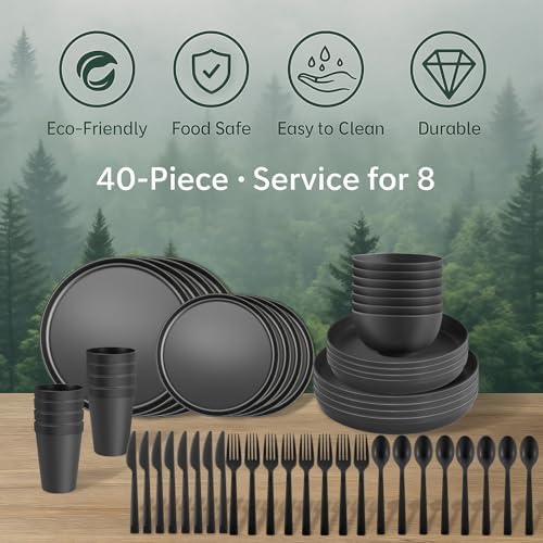 56 Piece Plates and Bowls Sets for 8, Kitchen Dinnerware Sets, Plastic