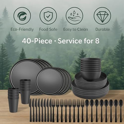56 Piece Plates and Bowls Sets for 8, Kitchen Dinnerware Sets, Plastic