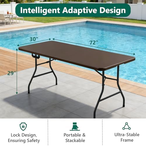 6FT Folding Table, Heavy Duty Plastic Fold-in-Half Utility Table with Handle, Portable Camping Picnic Table with Steel Legs for Indoor Outdoor Party, Dining, Brown,2 Pack