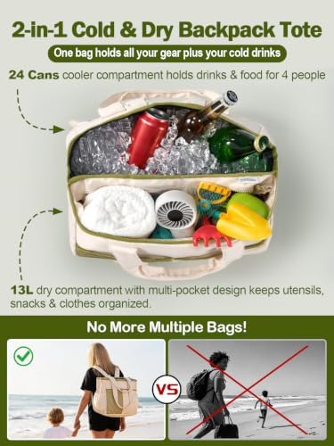 Odoland 2-in-1 Beach Cooler Bag-24 Can + 13L Dry Storage 12H Insulated
