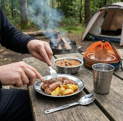 Unique Complete Messware Kit Polished Stainless Steel Dishes Set| Tableware| Dinnerware| Camping| Includes - Cups | Plates| Bowls| Cutlery| Comes in Mesh Bags
