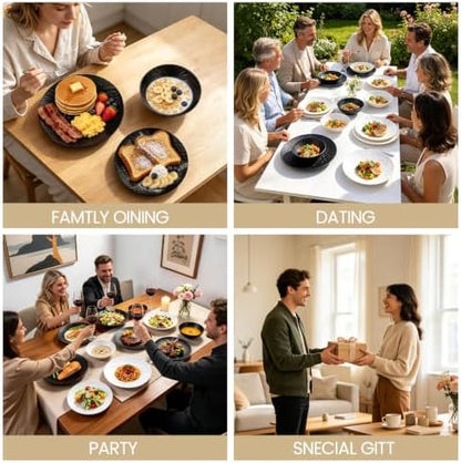 Unbreakable Melamine Dinnerware Sets 12 Pcs, Plates and Bowls Set for 4 with Hammered Textured Matte Finish, for Everyday Use Outdoor Camping RV Farmhouse, Dishwasher Safe BPA Free, Black