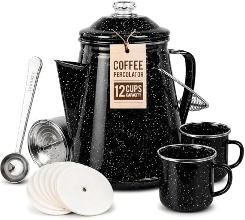 Toughty 12 Cup Enamel Coffee Percolator, Camping Stovetop Coffee Pot, Black