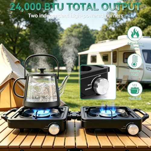 2 Burner Camp Stove 24000 BTU, Portable Propane Camping Stove with Windshield, Foldable Gas Stove with Adjustable Burners, Carry Bag, Camping Cooking Set for RV, Tailgating, Survival, Black