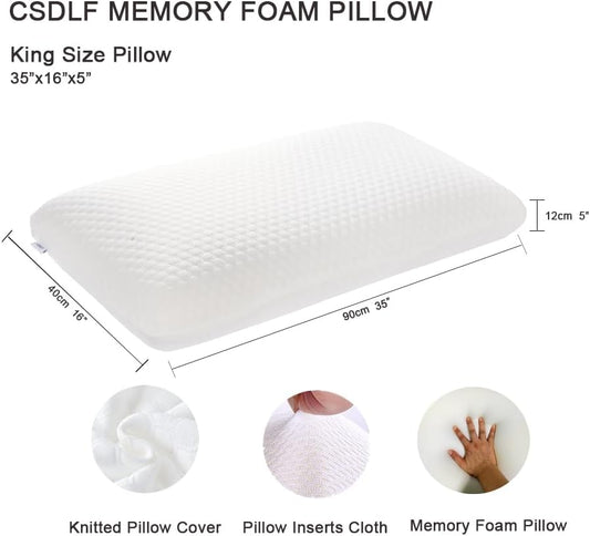 Memory Foam Bed Pillows, Pillow for Side and Back Sleeper, Pillow for Neck Pain Relief, Washable Removable Cover, Soft, White (King)