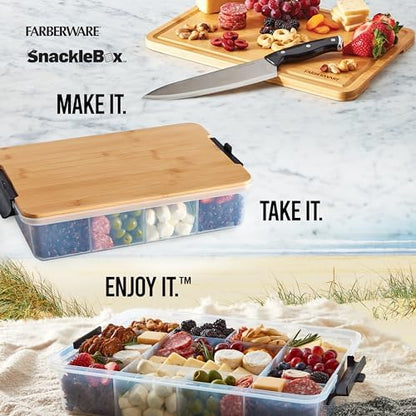 Farberware Build Snacklebox Serving Tray with Locking Bamboo Cutting Board Lid, Portable Storage Container with Compartments for Charcuterie, and More, Natural (Pack of 4)