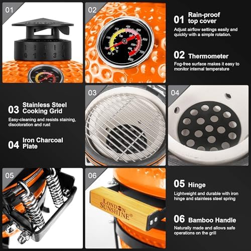 London Sunshine 13-Inch Ceramic Kamado Grill, Waterproof Vent Cap, Orange