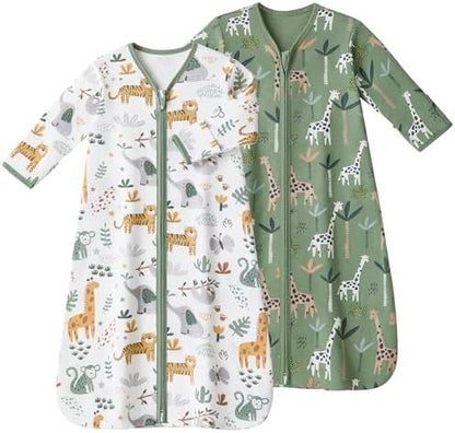 Baby Sleep Sack 6-12 Months, Long Sleeve Baby Wearable Blanket 0.5 Tog with Mittens, 2-Way Zipper Infant Cotton Sleeping Sack for Boy and Girl Green Giraffe 2 Pack (Medium)