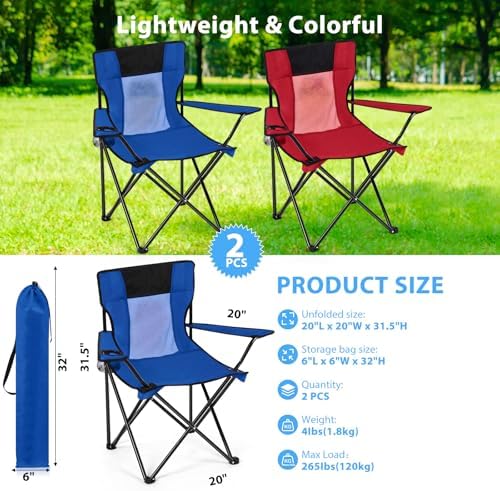 Shellwei 2 PCS Folding Camping Chair with Cupholder and Carry Bag Regular Size Colorful Breathable Portable Lightweight Lawn Chair with Side Pocket for Fishing Hiking Beach Outdoor Activity