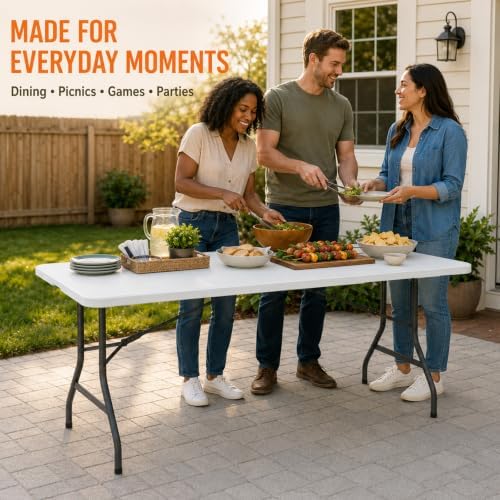 Folding Table, 5FT Portable Fold-in-Half Plastic Picnic Table, Heavy Duty Foldable Table with Carrying Handle, Ideal for Party, Camping, Craft, Dining, Wedding, Outdoor and Indoor Use