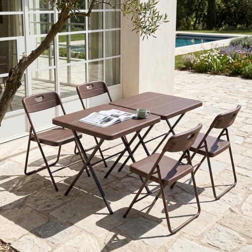 2 Pack Folding Table and 4 Pack Folding Chair, No Assembly Portable Folding Table and Chairs Set, Heavy Duty Event Foldable Table and Chairs Set for Outdoor, Camping, Picnic, Dining, Indoor(Brown)