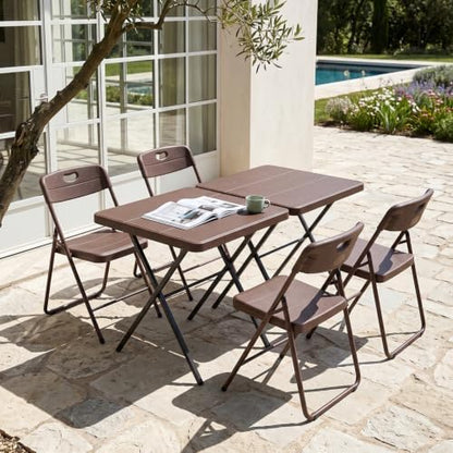 2 Pack Folding Table and 4 Pack Folding Chair, No Assembly Portable Folding Table and Chairs Set, Heavy Duty Event Foldable Table and Chairs Set for Outdoor, Camping, Picnic, Dining, Indoor(Brown)