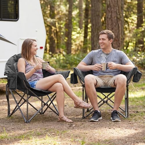 Romswi 2Pcs Oversized XL Padded Camping Chair for Adults, 500lbs Support Heavy-Duty Padded Folding Chair with Side Pocket Cup Holder, Wide&Thick, for Outdoor,Black