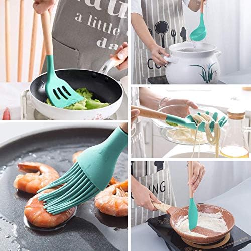 MIBOTE Silicone Cooking Kitchen Utensils Set, Wooden Handle, Teal