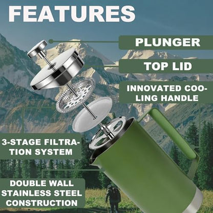 Stainless Steel French Press Coffee Maker 21OZ, 600ml Coffee Press Tea Press for Personal, Office, Travel,Camping (Green, 1-3 Cups)