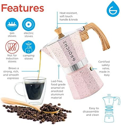 GROSCHE Milano Stovetop Espresso Maker Moka Pot 3 espresso Cup, 5 oz Pink