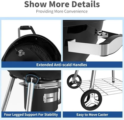 22.5-Inch Portable Charcoal Grill, Heavy Duty Kettle BBQ Smoker with Built-in Thermometer & Removable Water-Rinsable Ash Catcher for Outdoor Camping, Patio, Backyard, and Tailgating